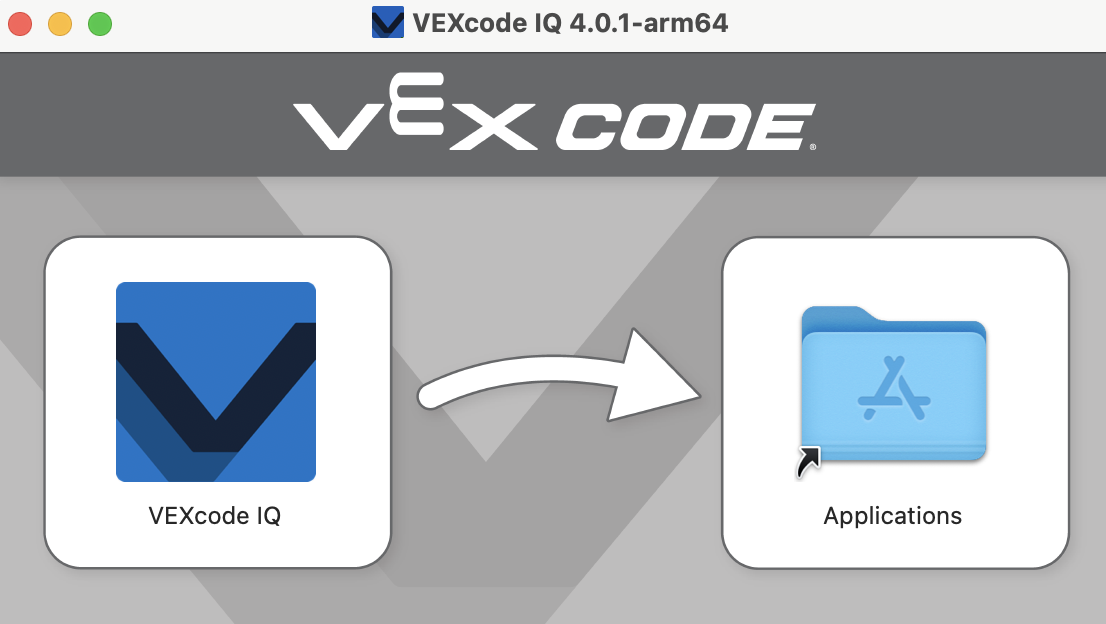Ekran instalacji VEXcode IQ, na którym ikona VEXcode IQ znajduje się obok ikony folderu Aplikacje.