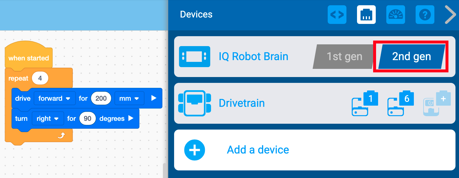 Nabídka zařízení VEXcode IQ se zobrazeným nastavením generování mozku robota IQ. Toto nastavení bylo přepnuto na 2. generaci a je zvýrazněno.