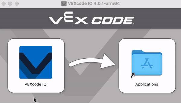 Pantalla de instalación de VEXcode IQ con un cursor seleccionando el ícono de la aplicación VEXcode IQ y arrastrándolo al ícono de la carpeta Aplicaciones.