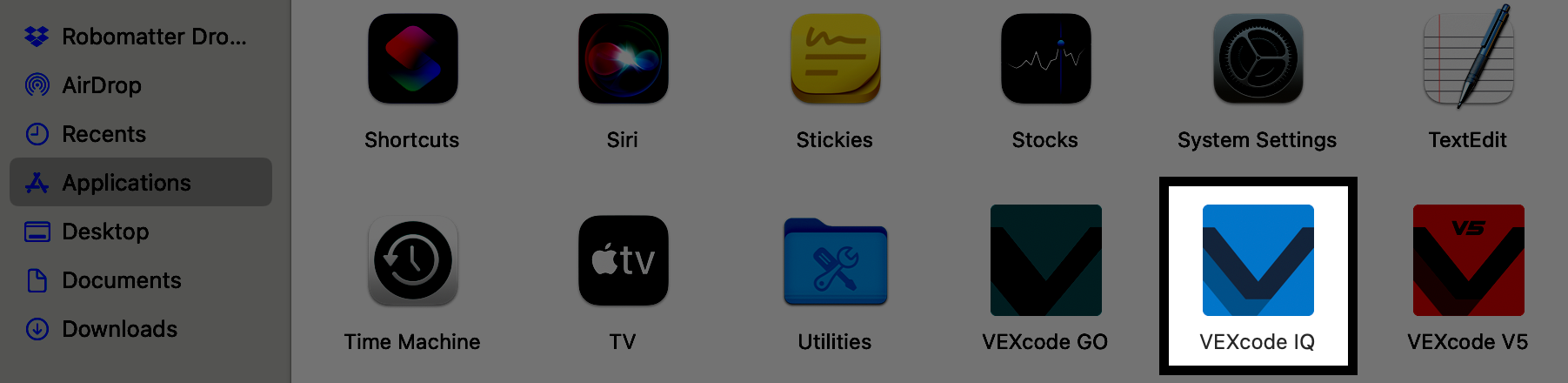 L'icône de l'application VEXcode IQ s'affiche dans le dossier Applications.