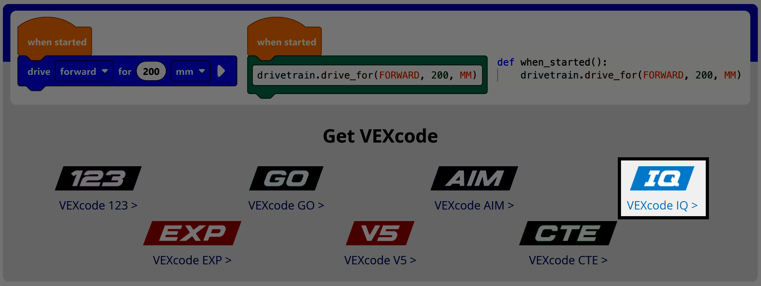 VEXcode lapas sadaļa “Iegūt VEXcode” ar iezīmētu saiti VEXcode IQ lejupielādei.