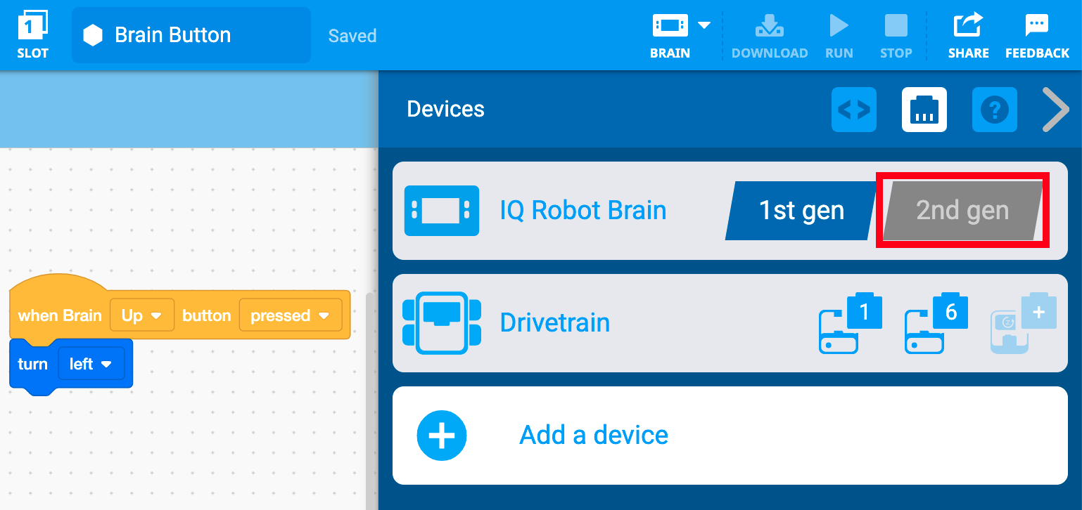 VEXcode IQ Devices-menu met de generatie-instelling voor IQ Robot Brain weergegeven. Deze instelling is ingesteld op de 1e generatie-optie, maar de 2e generatie-optie is gemarkeerd.