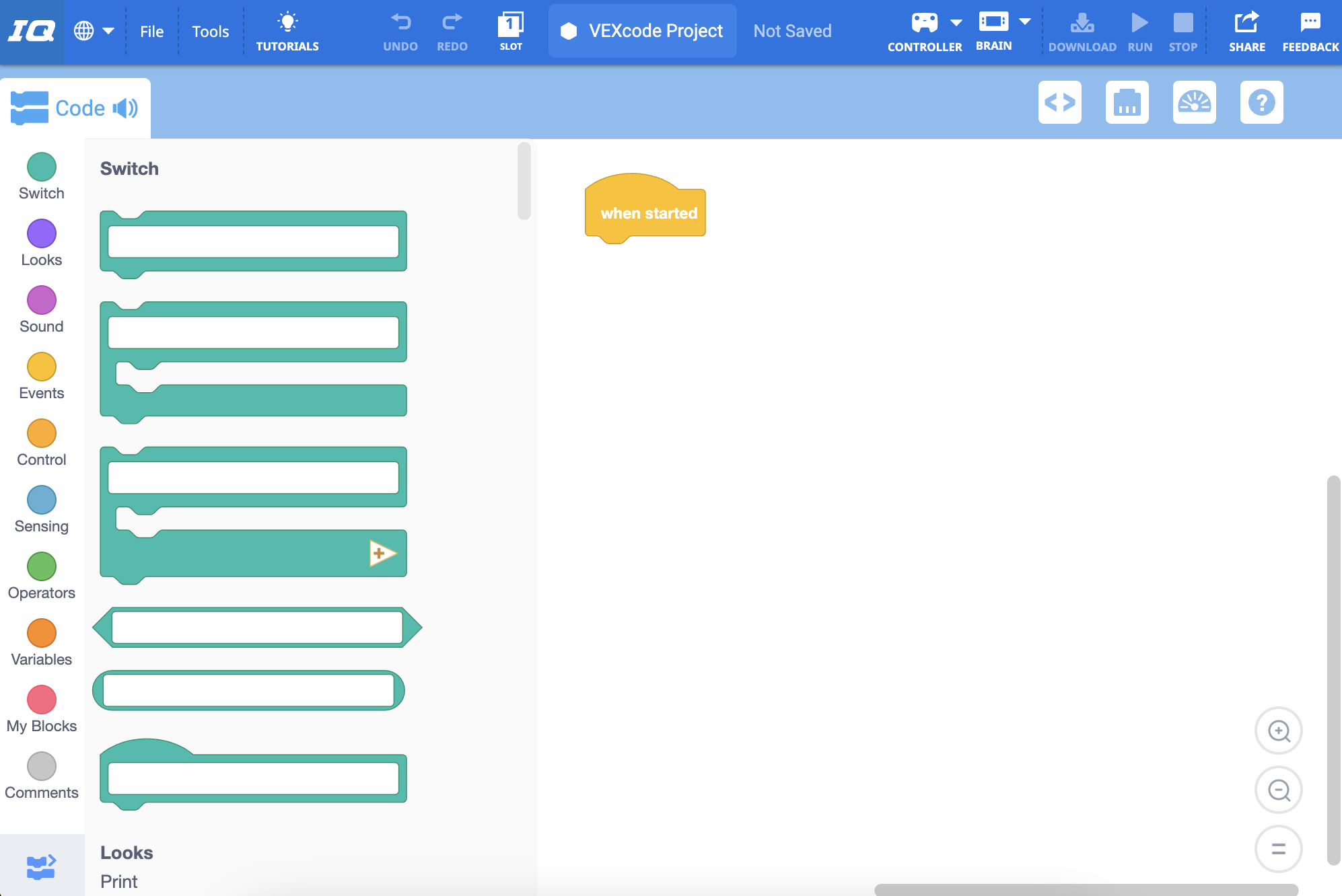 O VEXcode IQ foi instalado e aberto no MacOS.