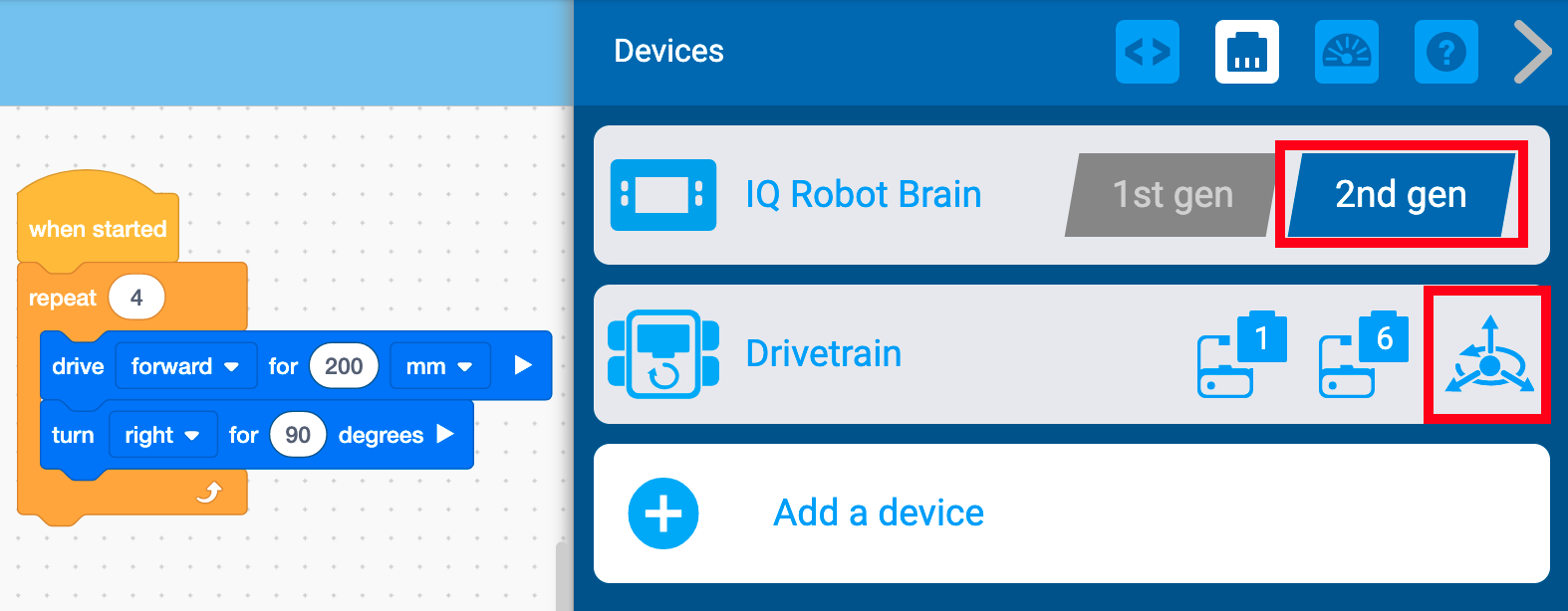 VEXcode IQ Devices-Menü mit der angezeigten Einstellung für die IQ Robot Brain-Generierung. Diese Einstellung wurde auf die 2. Generation umgeschaltet und ist hervorgehoben. Das Drivetrain-Gerät wird ebenfalls angezeigt, und sein Inertialsymbol ist hervorgehoben, um anzuzeigen, dass das Projekt nun den im Brain integrierten Inertialsensor verwendet.