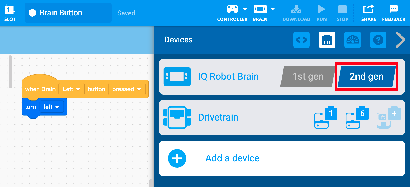 „VEXcode IQ“ įrenginių meniu su rodomu IQ roboto smegenų generavimo nustatymu. Šis nustatymas buvo perjungtas į antros kartos nustatymą ir yra paryškintas.