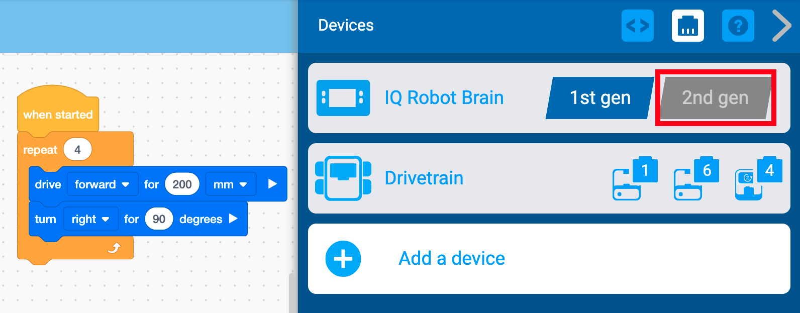 IQ Robot Brain генерациялау параметрі көрсетілген VEXcode IQ құрылғылары мәзірі. Бұл параметр 1-ген опциясына орнатылған, бірақ 2-ген опциясы бөлектелген.