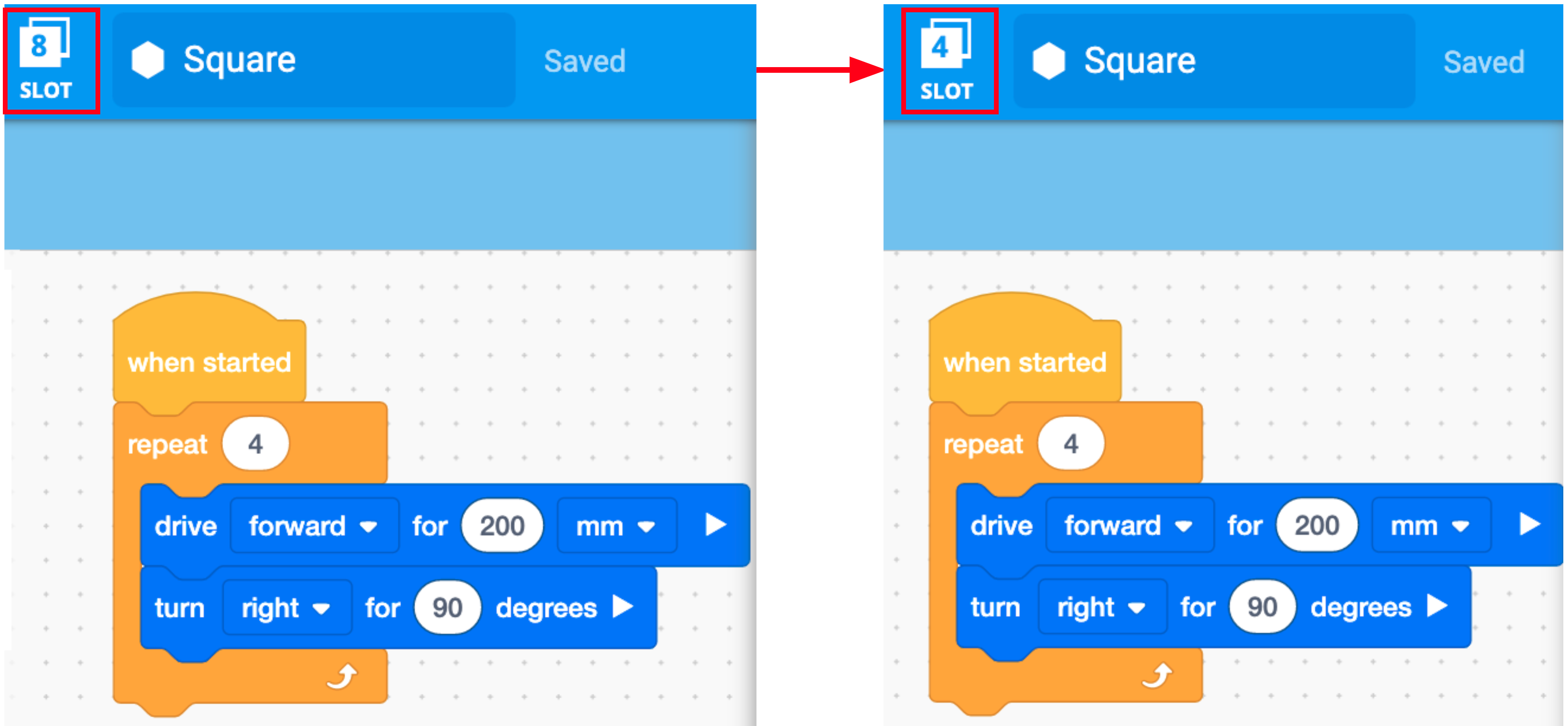 Schermafbeeldingen van VEXcode IQ Toolbar voor en na projectconversie. Het slotnummer van het project is gemarkeerd. De versie van de 2e generatie zat in slot 8 en staat nu in slot 4 van The Brain.