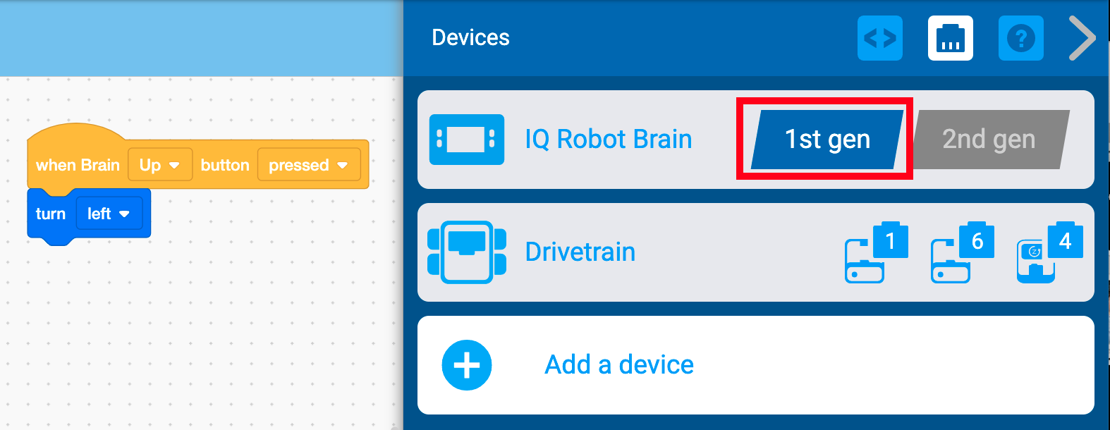 IQ Robot Brain 生成設定が表示された VEXcode IQ デバイス メニュー。 この設定は第 1 世代に切り替えられ、強調表示されています。