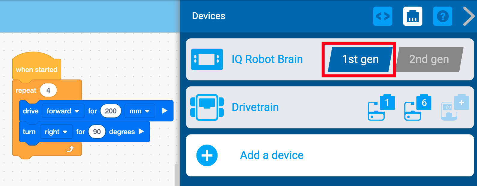 تظهر قائمة أجهزة VEXcode IQ مع إعداد إنشاء IQ Robot Brain. لقد تم تبديل هذا الإعداد إلى الجيل الأول وتم تسليط الضوء عليه.