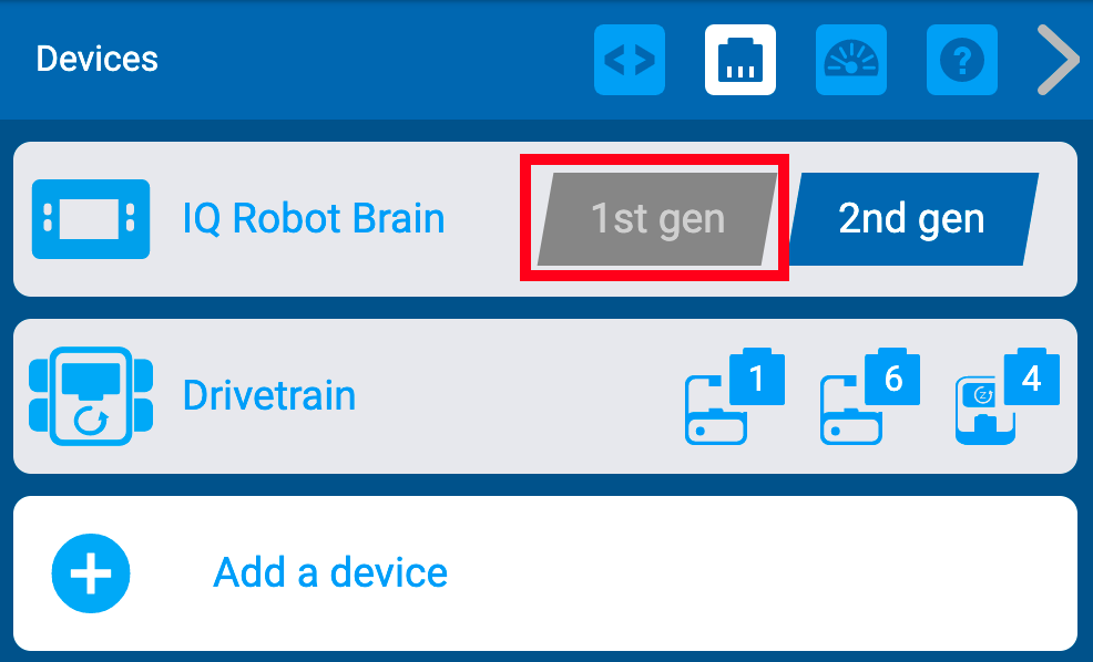 تظهر قائمة أجهزة VEXcode IQ مع إعداد إنشاء IQ Robot Brain. تم تعيين هذا الإعداد على خيار الجيل الثاني، ولكن تم تمييز خيار الجيل الأول.