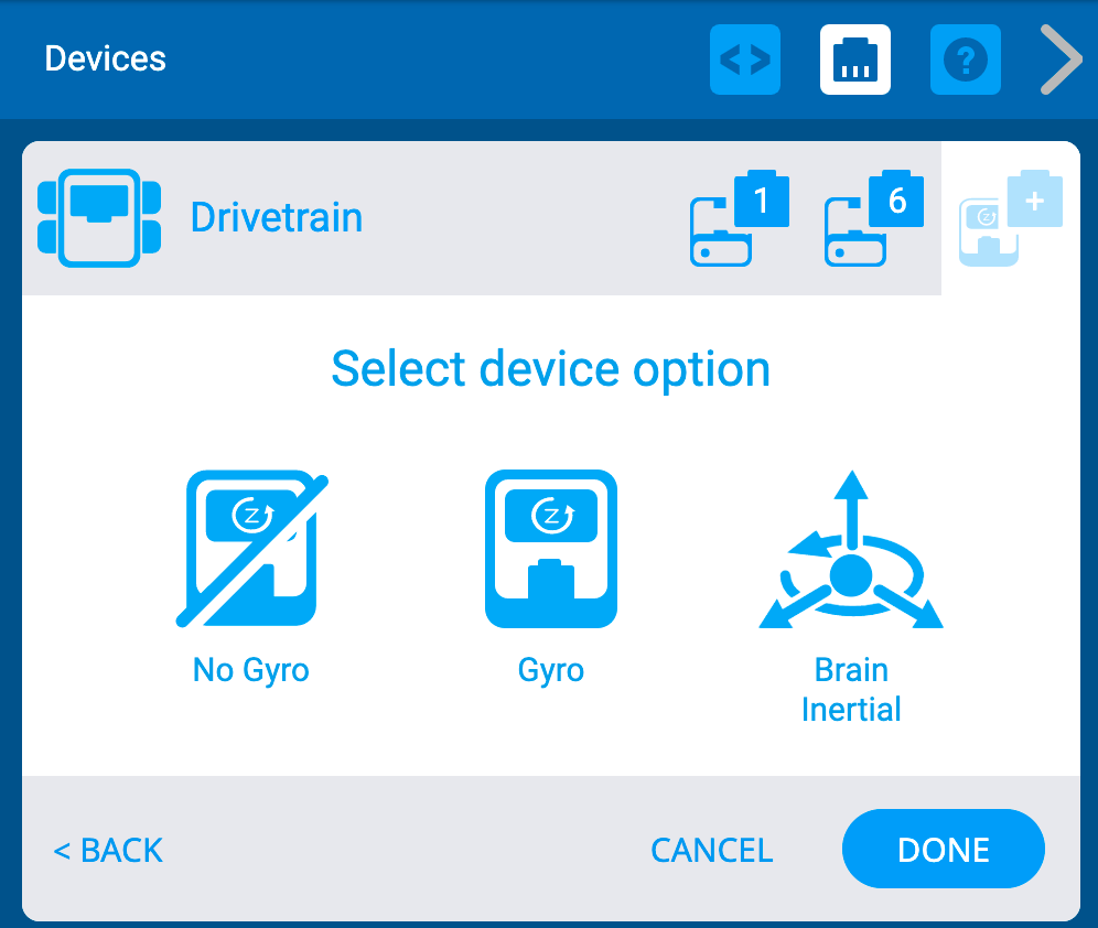Menu VEXcode IQ Devices avec un Drivetrain sélectionné afin de pouvoir y ajouter une option Gyro. Les options comprennent : Sans gyroscope, Avec gyroscope et Inertielle cérébrale.