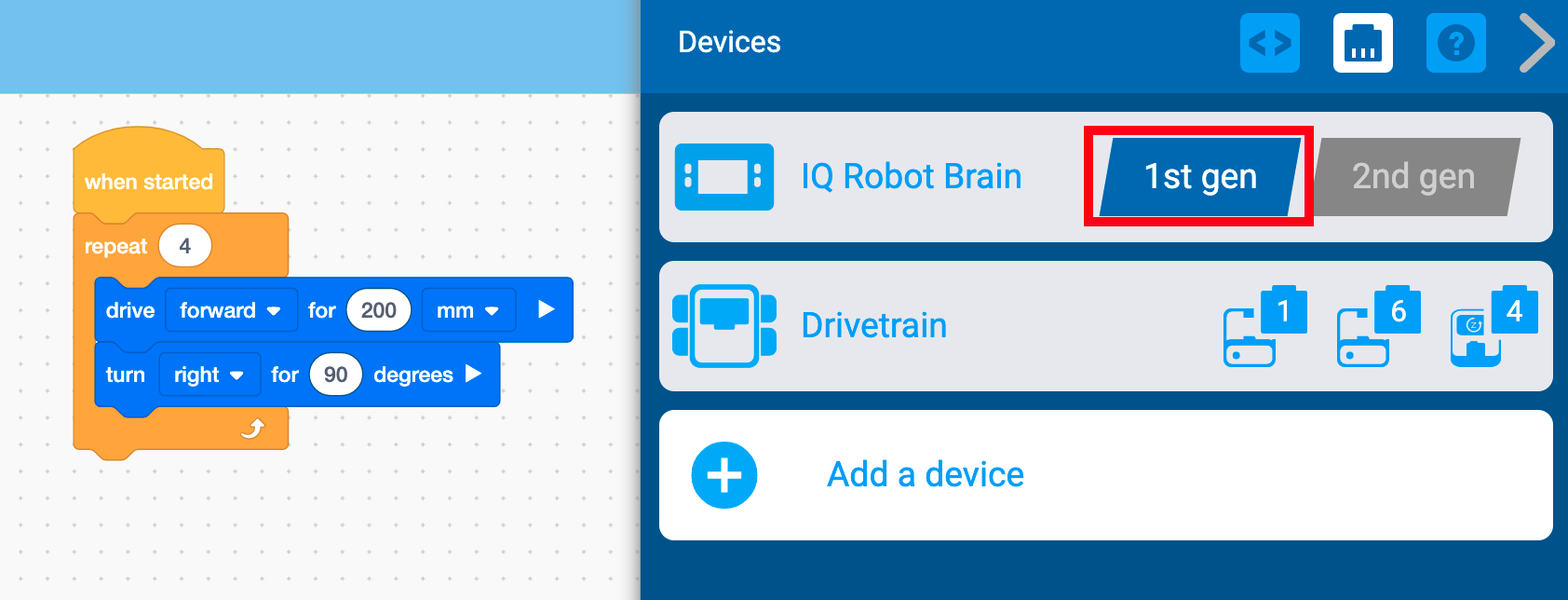 VEXcode IQ Devices-Menü mit der angezeigten Einstellung für die IQ Robot Brain-Generierung. Diese Einstellung wurde auf die 1. Generation umgeschaltet und ist hervorgehoben.