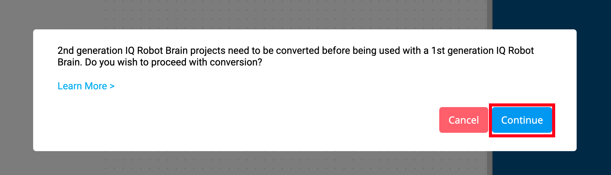 VEXcode IQ की प्रमुख विशेषताओं को उजागर करने वाला स्क्रीनशॉट, जिसमें VEX IQ रोबोटिक्स प्लेटफॉर्म उपयोगकर्ताओं के लिए डिज़ाइन किए गए प्रोग्रामिंग इंटरफ़ेस तत्व और कार्यात्मकताएं शामिल हैं, जिनका उद्देश्य रोबोटिक्स में शैक्षिक अनुभव को बढ़ाना है।