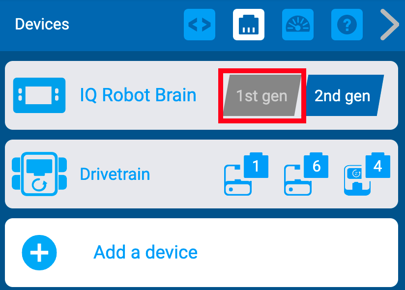 แสดงเมนูอุปกรณ์ VEXcode IQ พร้อมการตั้งค่าการสร้าง IQ Robot Brain การตั้งค่านี้ถูกตั้งเป็นตัวเลือกรุ่นที่ 2 แต่ตัวเลือกรุ่นที่ 1 จะถูกเน้นไว้
