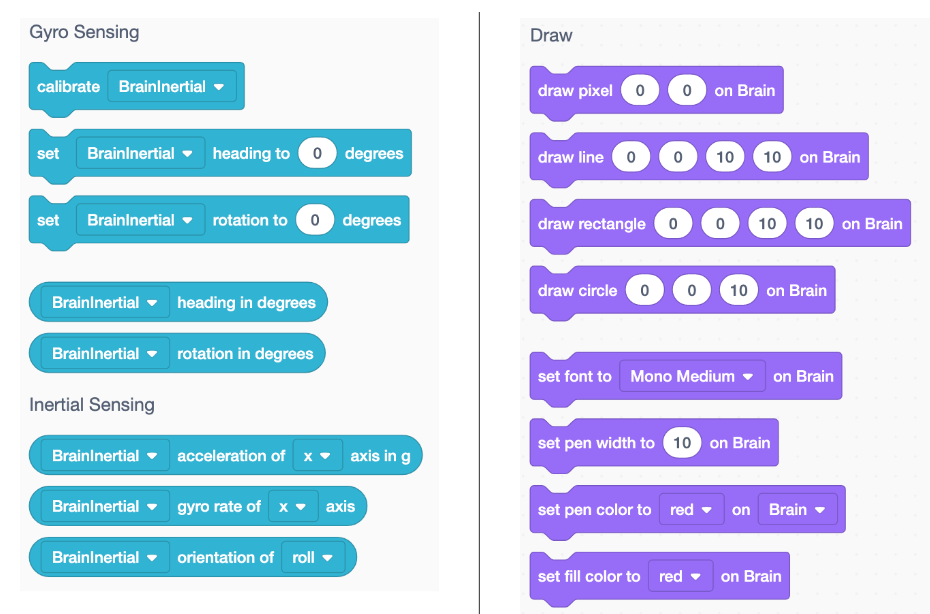 แสดงบล็อกในหมวดหมู่ Gyro Sensing, Inertial Sensing และ Draw ใน VEXcode IQ Blocks Toolbox