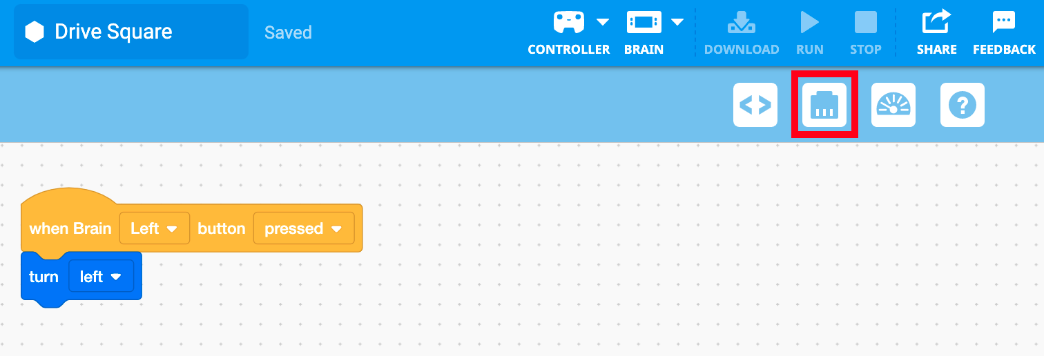 Çalışma alanında 2. nesil bir proje ile VEXcode IQ. Aygıtlar simgesi, Kod Görüntüleyici ile Yardım simgeleri arasında vurgulanır.
