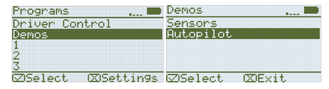 Links ziet u in het menu Programma's het scherm van Brain, en de optie Demo's is geselecteerd. Rechts ziet u het scherm van Brain in het menu Demos en is de optie Autopilot geselecteerd.