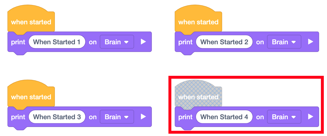 Tangkapan layar ruang kerja proyek VEXcode IQ dengan 4 tumpukan blok yang dimulai dengan blok When Started. Setiap tumpukan diberi nomor, dan tumpukan keempat dinonaktifkan.