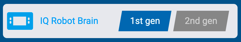 Menu urządzeń VEXcode IQ z wyświetlonym ustawieniem generacji mózgu robota IQ. To ustawienie jest ustawione na opcję 1. generacji.