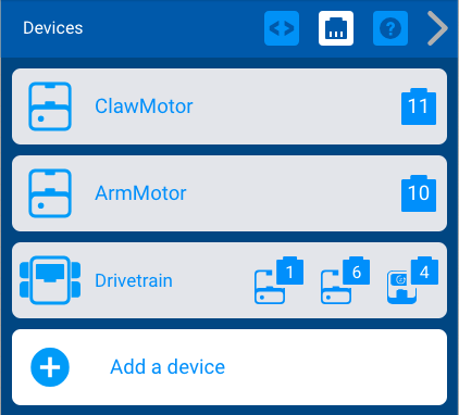 Menu de dispositivos VEXcode IQ após a abertura de um projeto de exemplo. O projeto Clawbot foi lançado e inclui um motor de garra, um motor de braço e um sistema de transmissão com dois motores.
