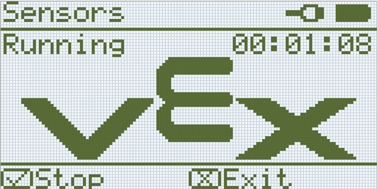 Màn hình của Brain được hiển thị trong khi chương trình Sensors đang chạy. Chương trình đã chạy được 1 phút 8 giây và trên màn hình hiển thị là Đang chạy.