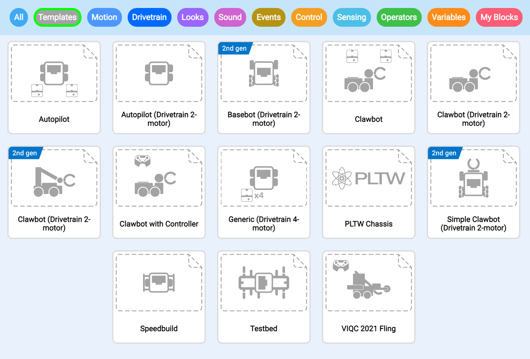 O menu de projetos de exemplo do VEXcode IQ oferece uma grande variedade de projetos em 11 categorias diferentes. A categoria de projetos "Modelos" é aqui apresentada.