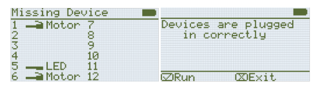 Слева показан экран Brain после запуска программы Autopilot. Программа не может работать корректно, и на экране отображается сообщение «Устройство отсутствует», а ниже отображается список подключенных устройств. Справа показан экран Brain после запуска программы Autopilot, на экране написано: Устройства подключены правильно.