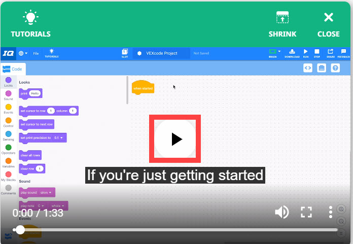 La vidéo tutorielle est ouverte et l'icône de lecture vidéo au centre de la fenêtre est mise en surbrillance.