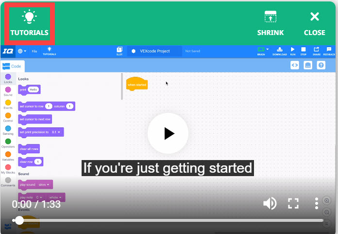 La vidéo tutorielle est ouverte et l'icône Tutoriels en haut à gauche est mise en surbrillance.