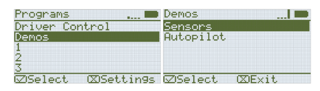 Sulla sinistra viene visualizzata la schermata Brain nel menu Programmi ed è selezionata l'opzione Demo. Sulla destra viene visualizzata la schermata del Cervello nel menu Demo ed è selezionata l'opzione Sensori.