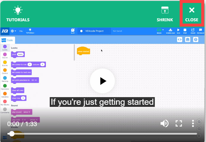 Video tutorial terbuka, dan ikon Tutup di sudut kanan atas disorot.