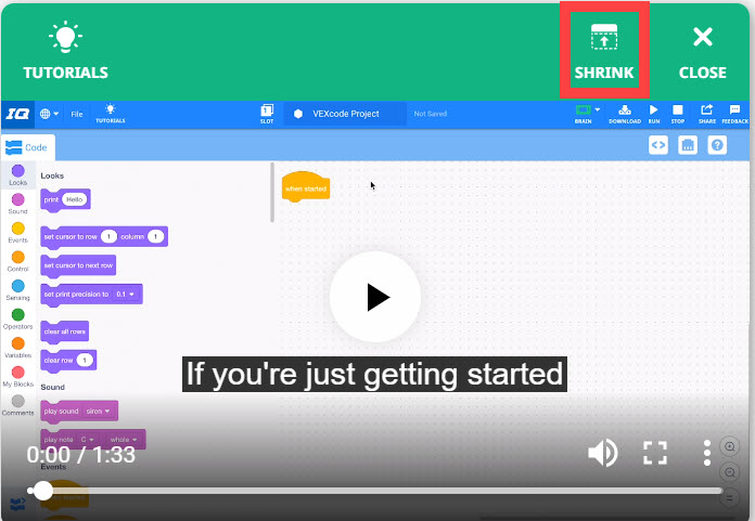 El video del tutorial está abierto y el ícono Reducir en la parte superior derecha está resaltado.