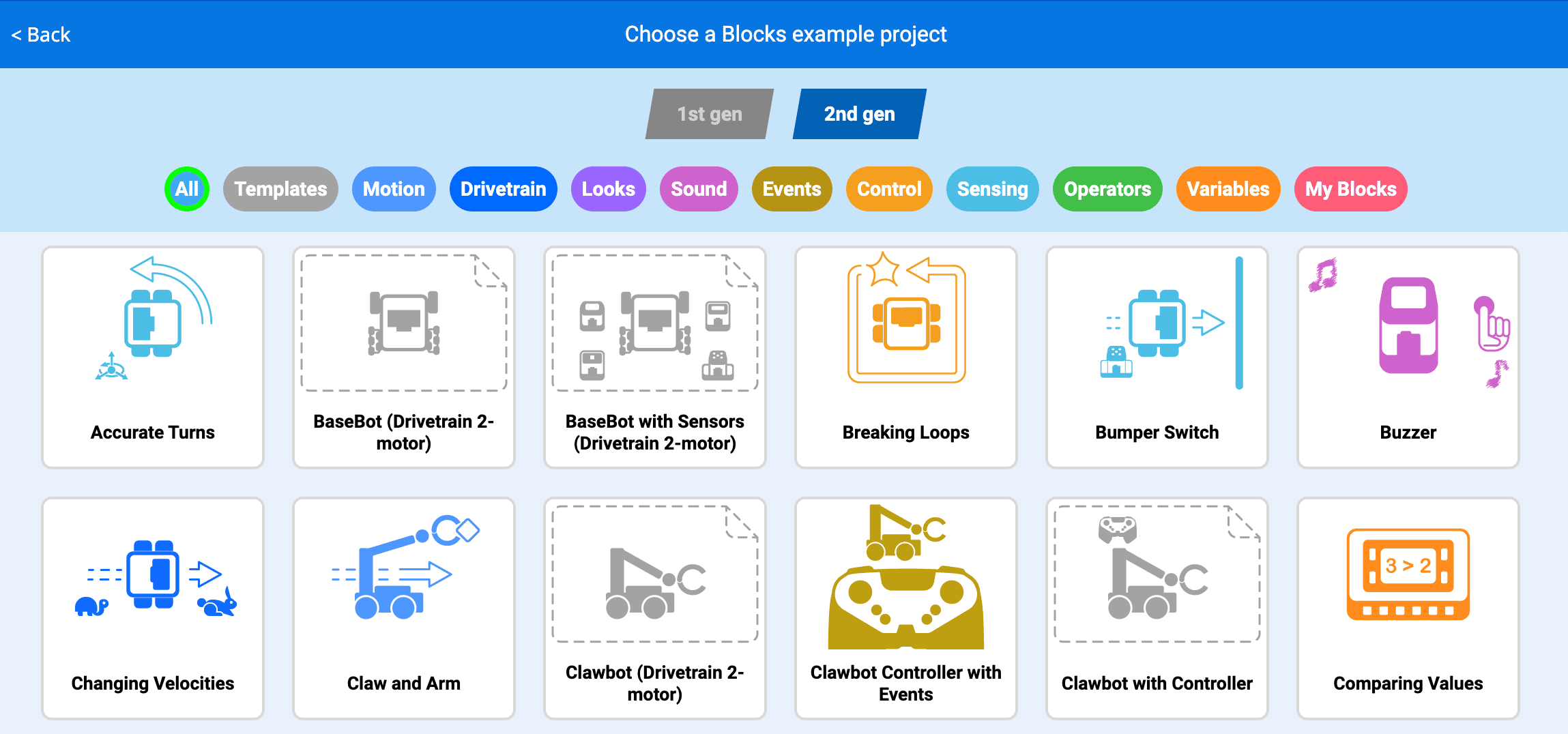 VEXcode Blocks Példaprojektek menü, ahol számos különböző kategóriába tartozó projekt közül választhat.