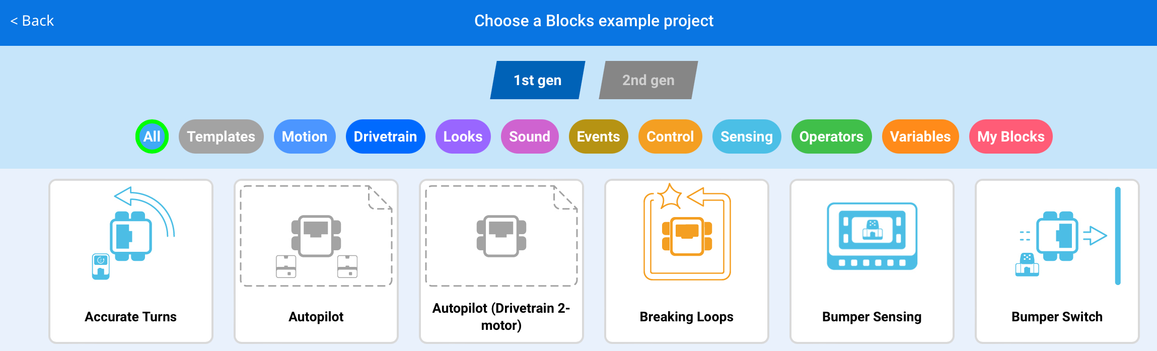 قائمة أمثلة المشاريع في VEXcode Blocks تحتوي على مجموعة متنوعة من المشاريع عبر فئات مختلفة للاختيار من بينها.