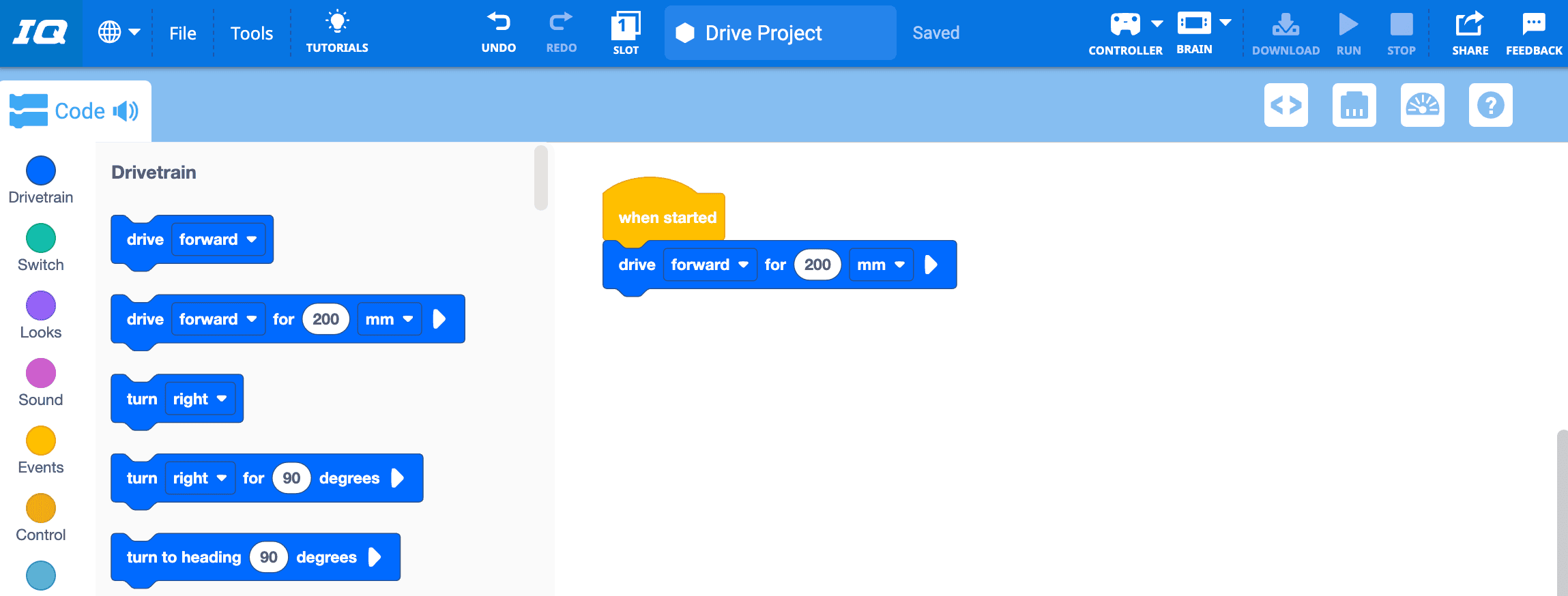 VEXcode IQ dengan proyek Blok yang disimpan sebelumnya berhasil dibuka di Ruang Kerja.