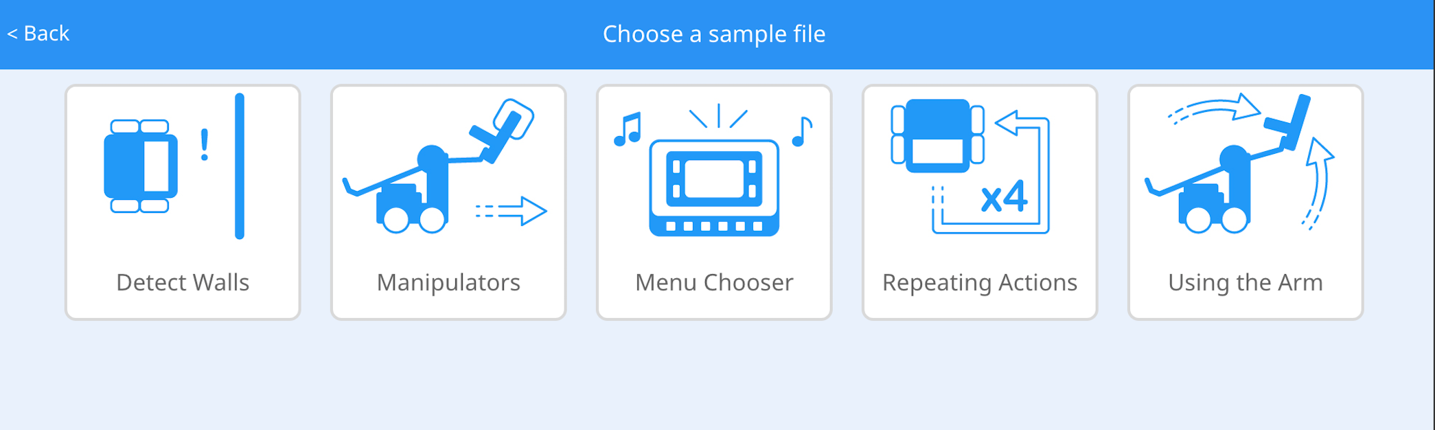 VEXcode IQ-voorbeeldprojectenmenu met vele voorbeeldprojecten waaruit u kunt kiezen in verschillende categorieën.
