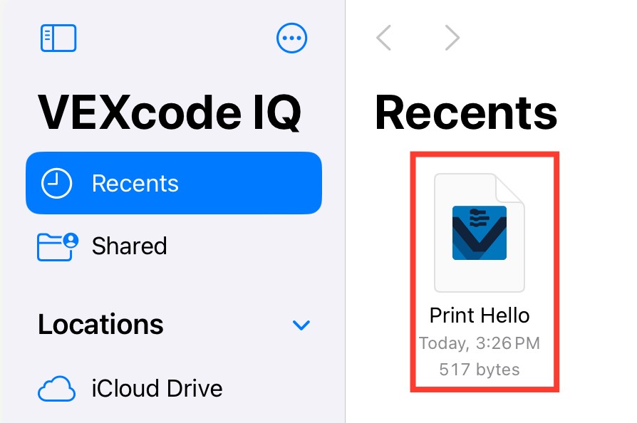 El proyecto VEXcode IQ guardado previamente es visible desde los archivos del dispositivo y está resaltado.