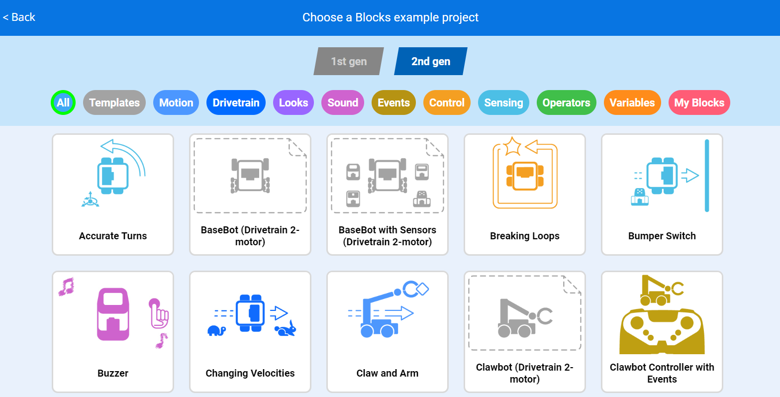 VEXcode Blocks Voorbeeldprojectenmenu met een verscheidenheid aan projecten in verschillende categorieën om uit te kiezen.