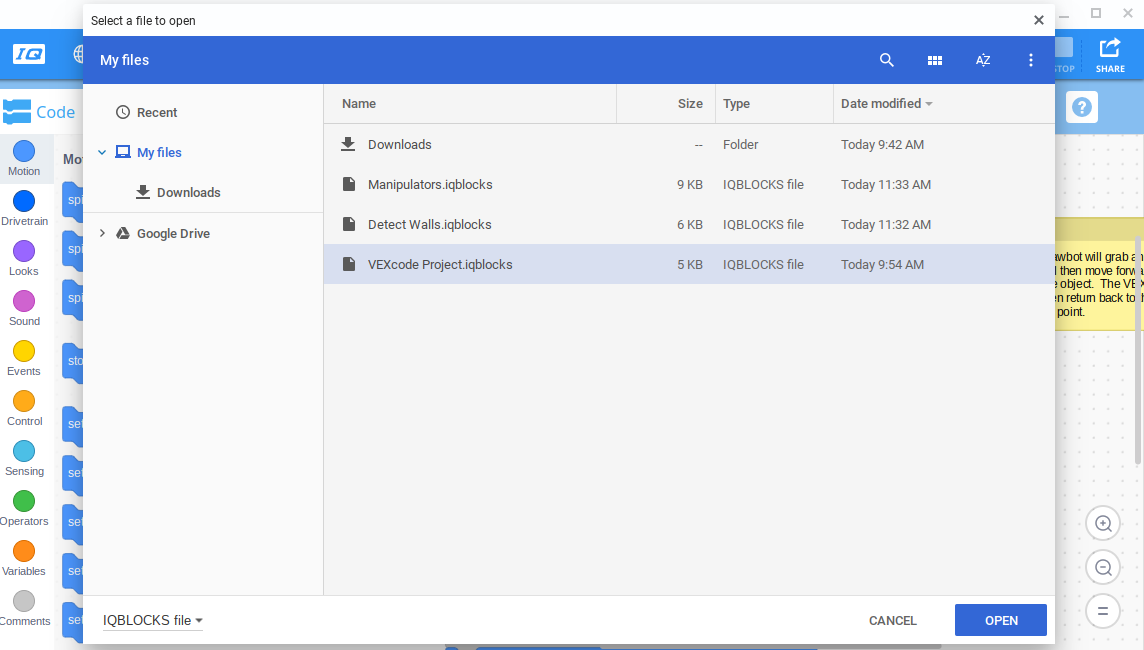 Dự án VEXcode IQ đã lưu trước đó sẽ hiển thị trong các tệp của thiết bị và được đánh dấu.