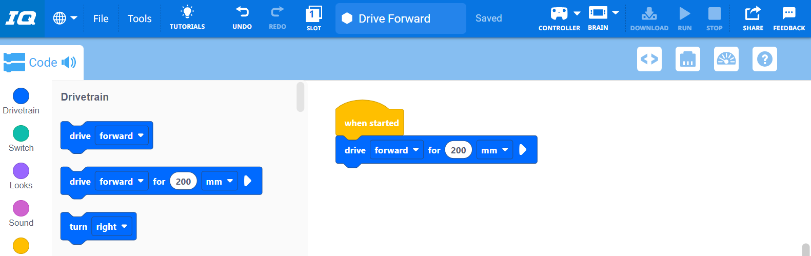 VEXcode IQ con un progetto Blocks salvato in precedenza aperto correttamente nell'area di lavoro.