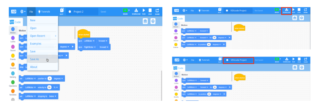 Tre schermate che mostrano vari metodi per salvare un progetto VEXcode IQ. Per prima cosa, viene visualizzata la barra degli strumenti VEXcode IQ con il menu File aperto e l'opzione Salva con nome evidenziata. Successivamente, viene visualizzata la barra degli strumenti VEXcode IQ con l'icona Download evidenziata tra le icone Cervello ed Esegui. Infine, viene visualizzata la barra degli strumenti VEXcode IQ con il campo del nome del progetto evidenziato.