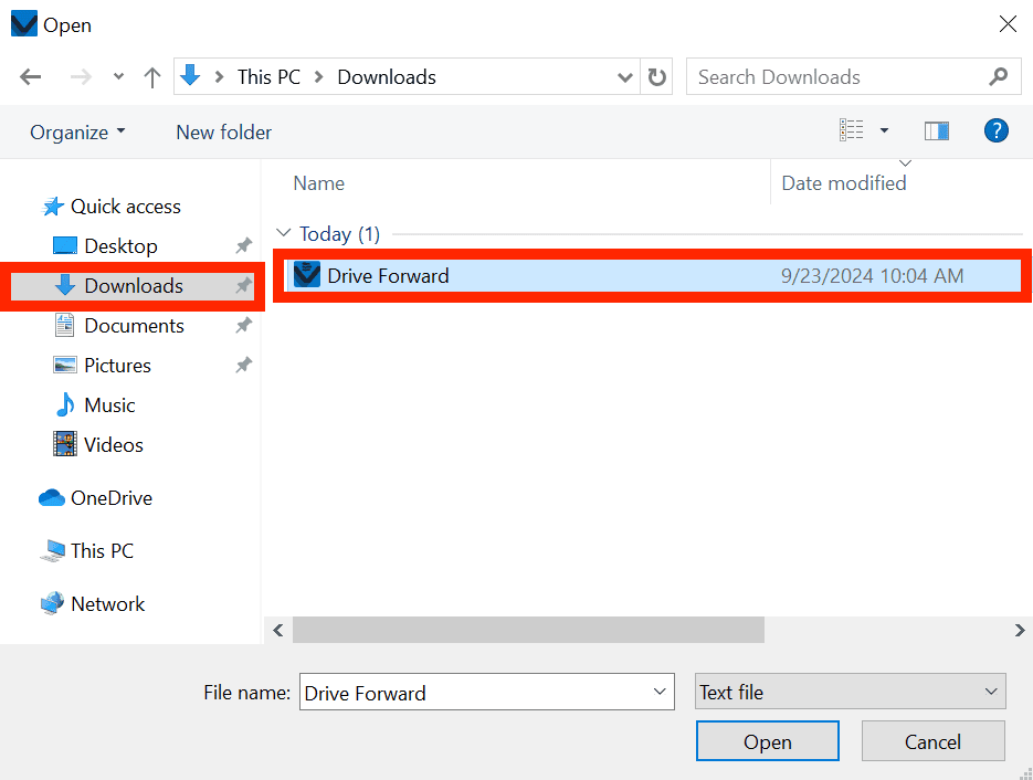 Daha önce kaydedilen VEXcode IQ projesi cihaz dosyalarında görünür ve vurgulanır.