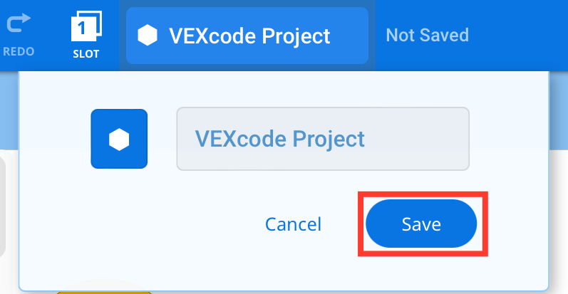 പേര് മാറ്റാൻ കഴിയുന്ന VEXcode IQ പ്രോജക്റ്റ് നെയിം ഡ്രോപ്പ്ഡൗൺ മെനു തുറന്നു. താഴെയുള്ള സേവ് ബട്ടൺ ഹൈലൈറ്റ് ചെയ്തിരിക്കുന്നു.