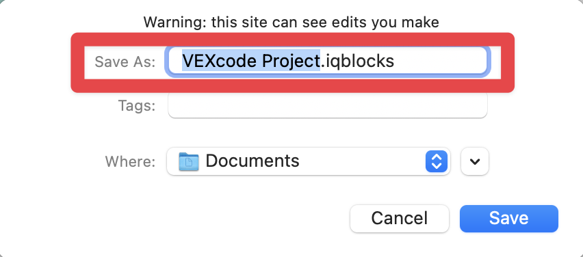Le menu « Enregistrer sous » de l'appareil est ouvert et configuré pour enregistrer les fichiers dans le dossier Documents. Le champ « Enregistrer sous » permettant de nommer le projet est mis en surbrillance.