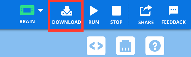 VEXcode IQ Toolbar mit hervorgehobenem Download-Symbol zwischen den Symbolen Brain und Run.