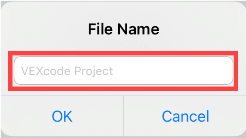 mensaje de nombre de archivo de iPad con un campo resaltado para ingresar el nombre del proyecto.