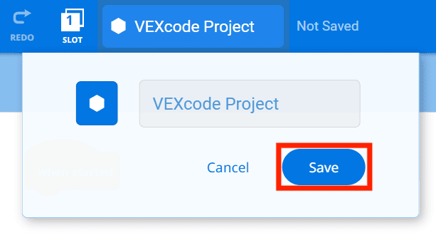 VEXcode IQ Project Name ашылмалы мәзірі атауды өзгертуге болатын жерде ашылады. Төмендегі Сақтау түймесі бөлектелген.