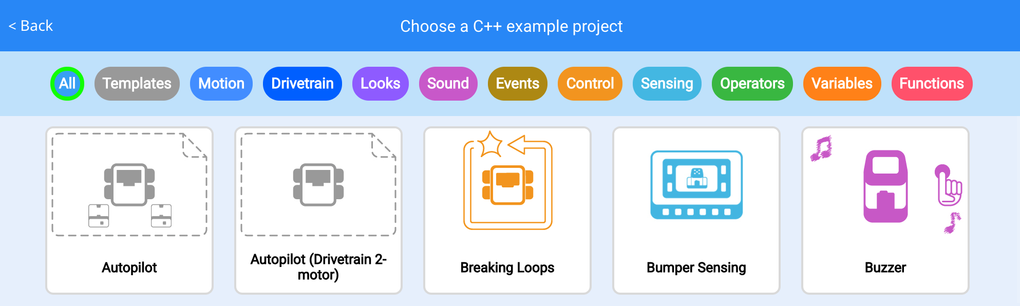Menu de projetos de exemplo do VEXcode com uma variedade de projetos em diferentes categorias à sua escolha.