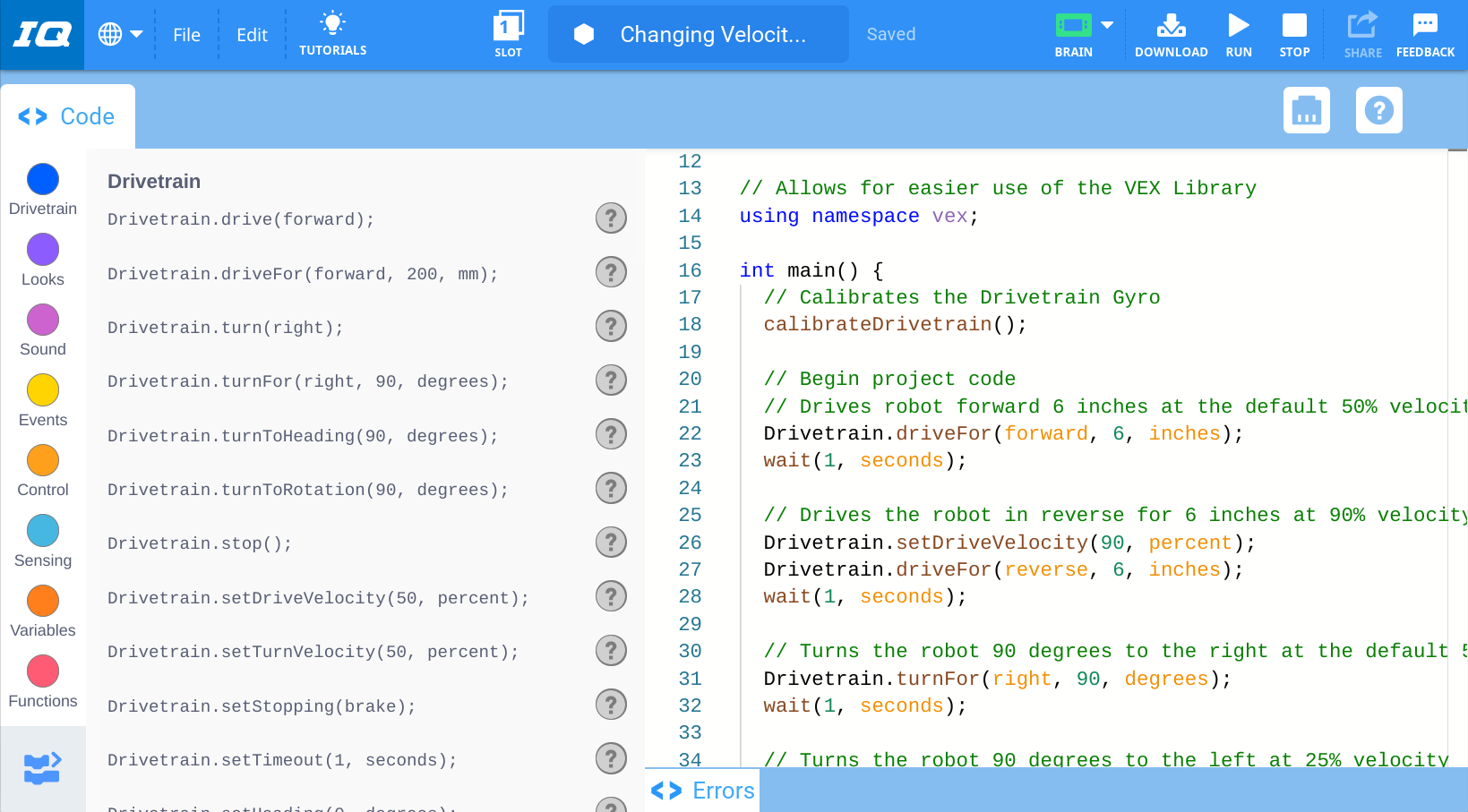 VEXcode IQ avec un projet C++ précédemment enregistré ouvert avec succès dans l'espace de travail.