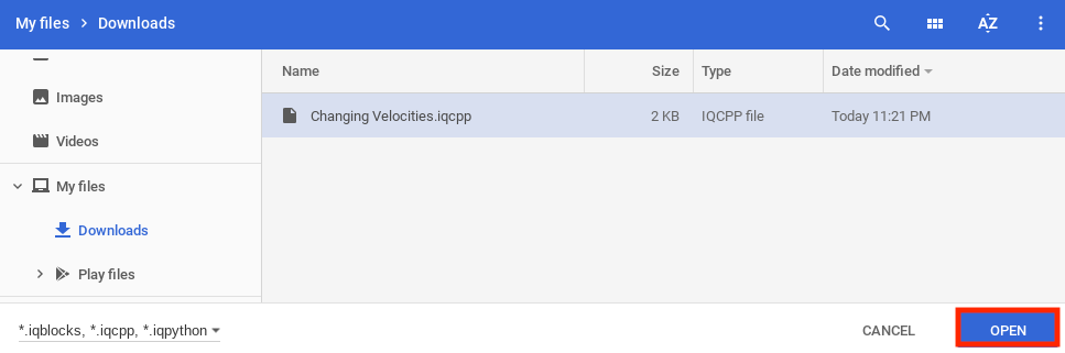 Het eerder opgeslagen VEXcode IQ-project in de bestanden van het apparaat wordt geselecteerd en de knop Openen onderaan het menu wordt gemarkeerd.